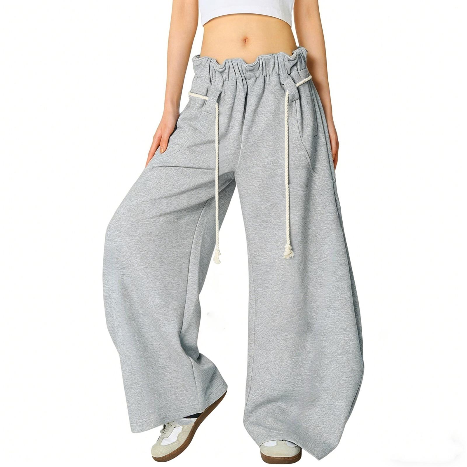 

Women s Vintage Drawstring Sweatpants With Heart Embroidery Wide-Leg Curved-Hem Pants Loose-Fit Casual Sweatpants Long Pants M