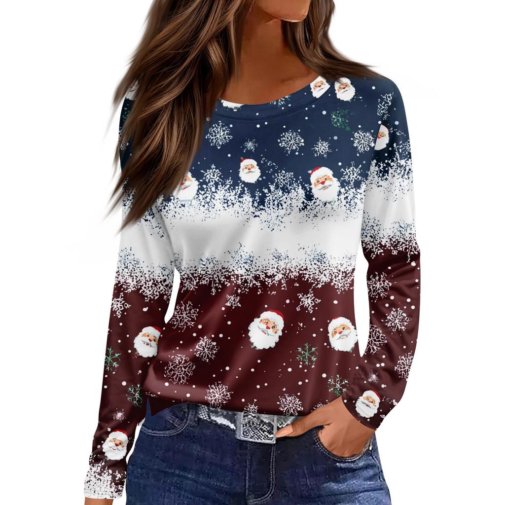 Women's Fashion Casual Slit Hem Round Neck Long Sleeve Loose Christmas Printed T-Shirt Ladies Top