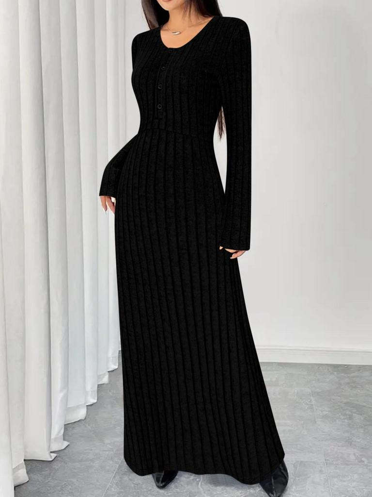 Independent Style European & American Solid Color Ribbed V-Neck Single-Breasted Long Dress for Women - Autumn/Winter Collection