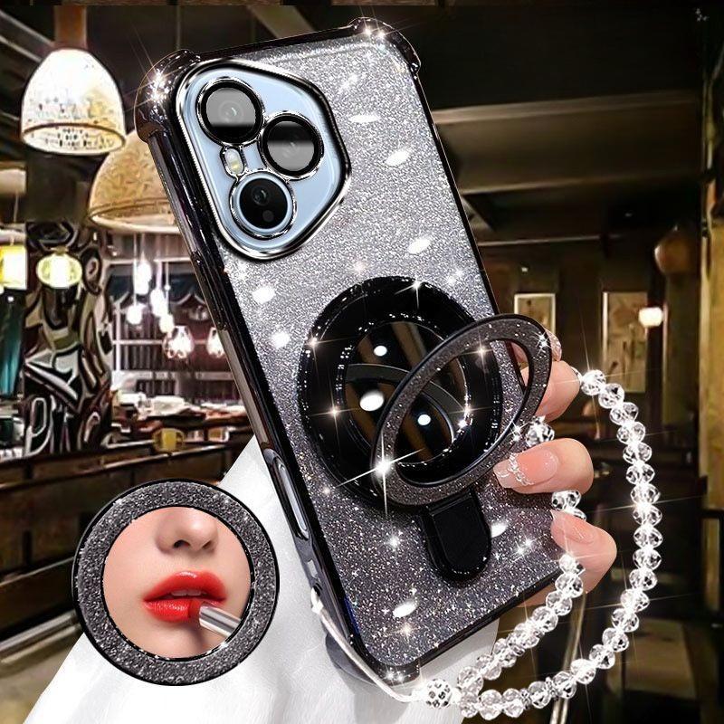 For Huawei Honor 400 Lite 300 Ultra 200 100 90 Pro Case Glitter Plating Makeup Mirror Magnetic Phone Holder Bracelet Cover