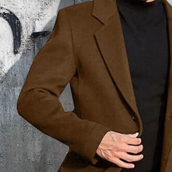 Men Woolen Coat Lapel Long Sleeve Buttons Placket Mid-length Coat Solid Color Retro Style Windbreaker