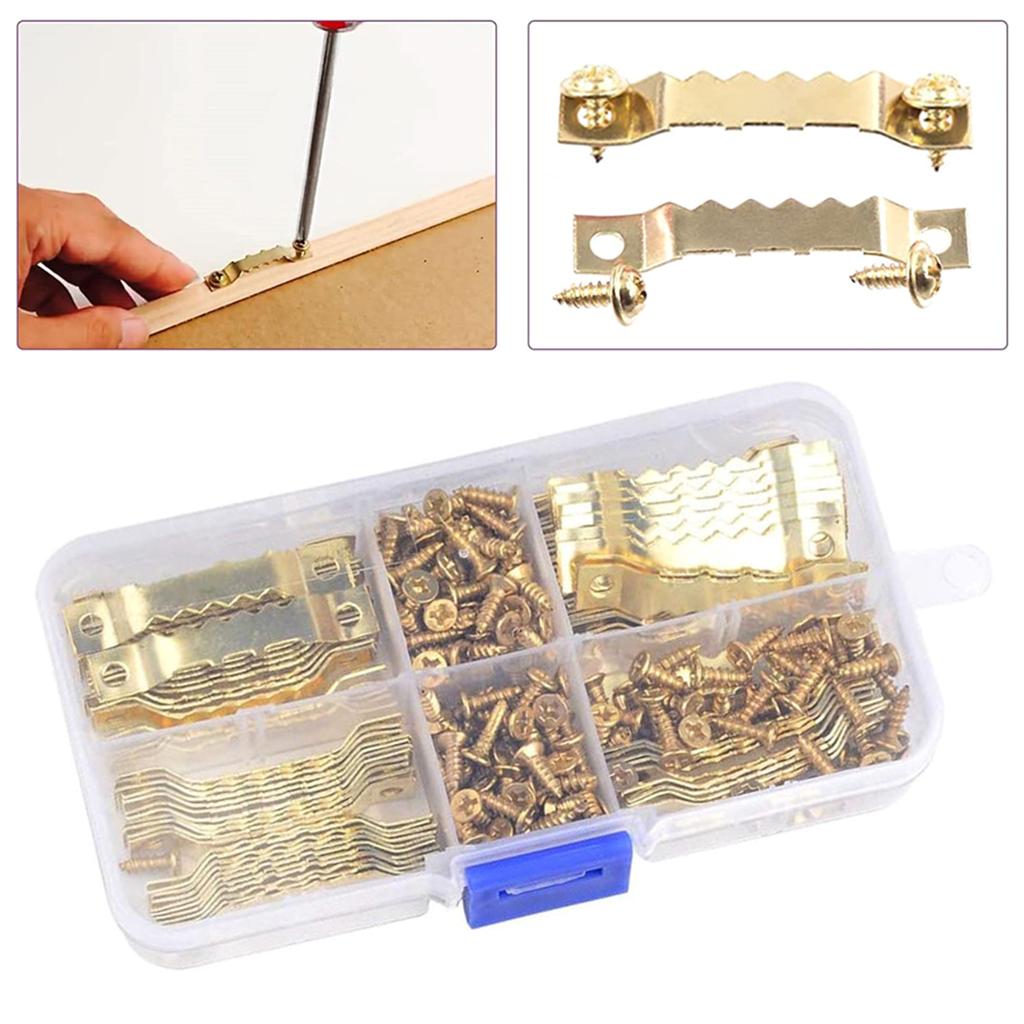 Packung mit 100 Zackenaufhängern für Bilder, Großpackung 100 Stück goldene Zackenaufhänger mit 200 Schrauben für Bilderrahmen, Gemälde