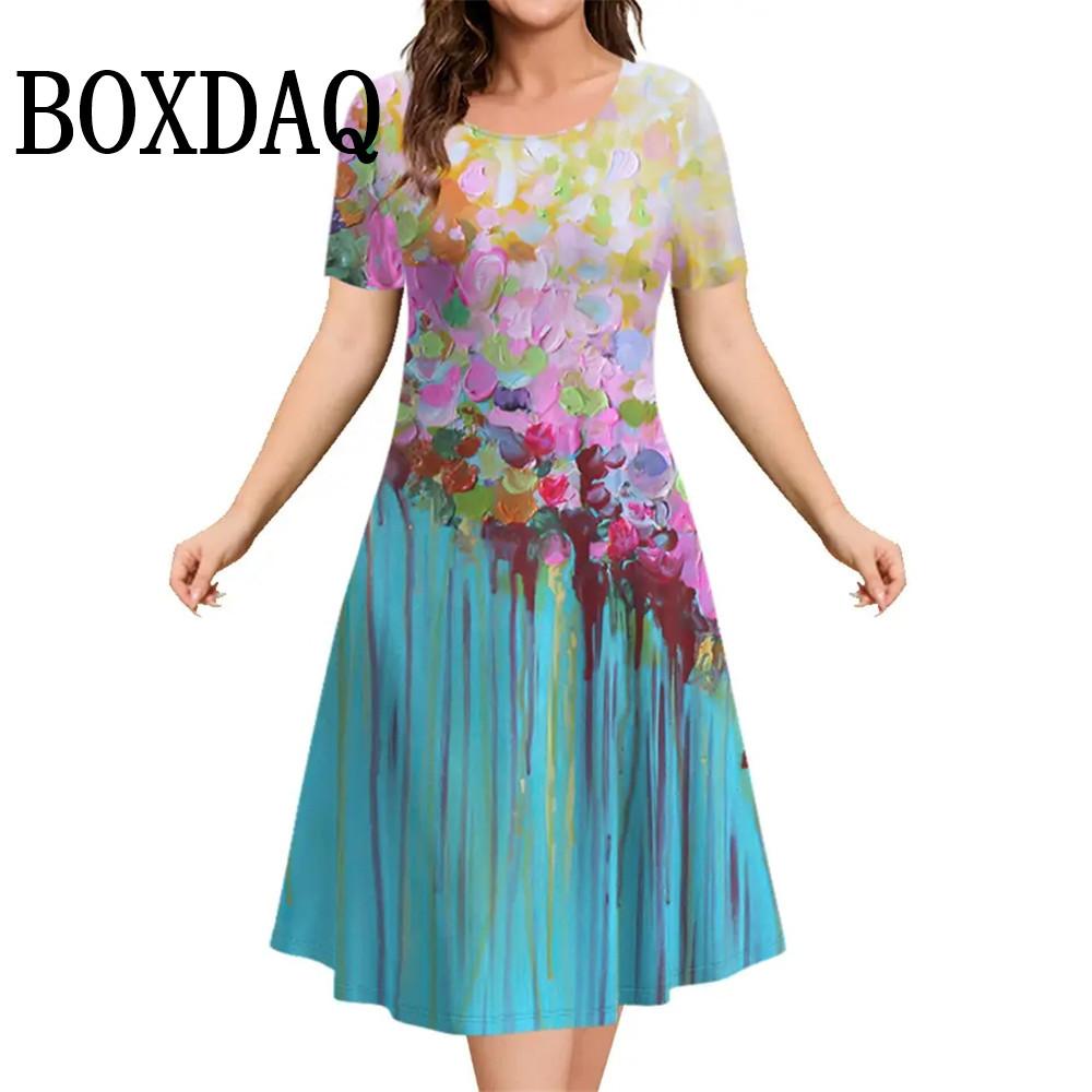 

Flower Print Women Dress For Vintage New Short Sleeve O-Neck Mini Dress Summer Pullover Loose Casual Retro Loose Plus Size Dress S