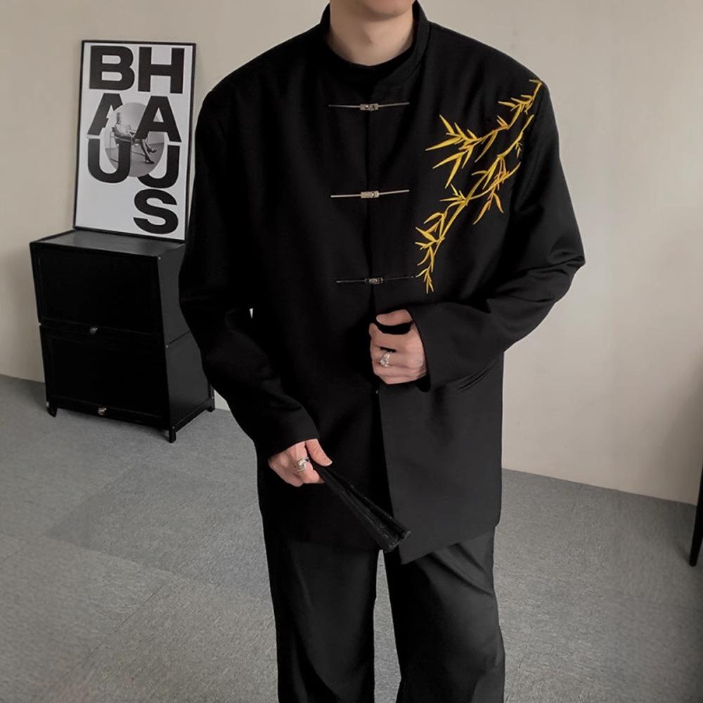 Costum de Logodnă Stil Tradițional pentru Bărbați – Costum Zhongshan Brodat cu Bambus Auriu