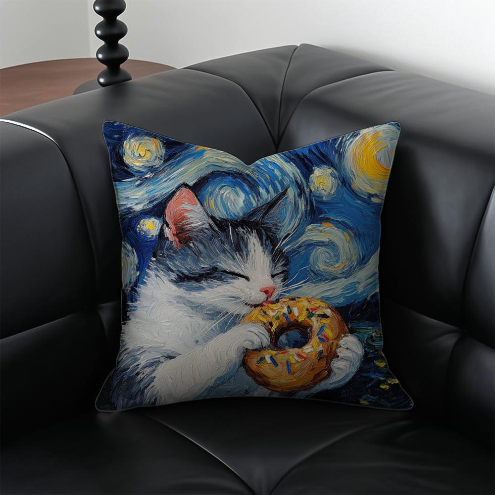 Van Gogh Starry Sky Kawaii Cat Cushion Cover Pillow Case Anti-Dustmite Invisible Zipper Silky Plush Cushion