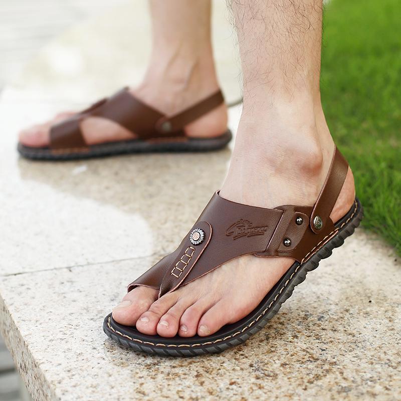 Men Sandals Leather Trail Wading Shoes Open Toe Wide Outdoor Flip Flops Athletic Hiking White Beach Walking Roman Sandals