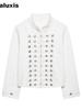 Women's Napoleon Style Button Embroidery Patch Slim Fit Denim Jacket Top