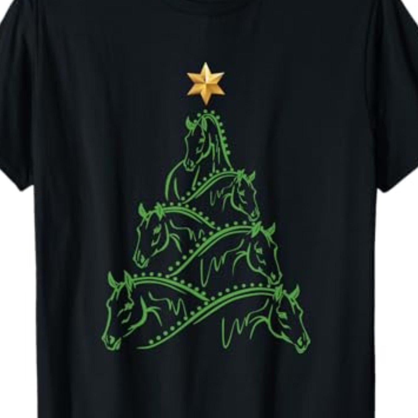 Horse Christmas Tree Graphic Tee Green Outline Print Cotton Crew Neck Casual Short Sleeve TShirt Adults S