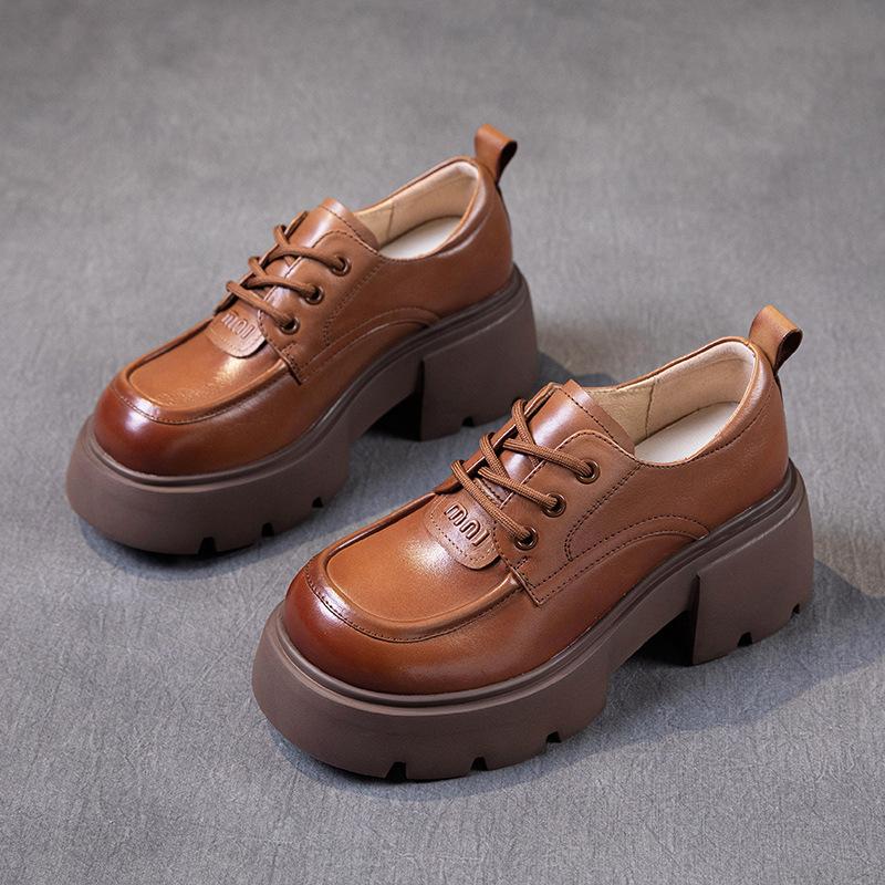 The First Layer of Cowhide Loafers Women's Autumn 2025 New Leather Muffin Thick-soled Retro Lace-up Women's Single Shoes