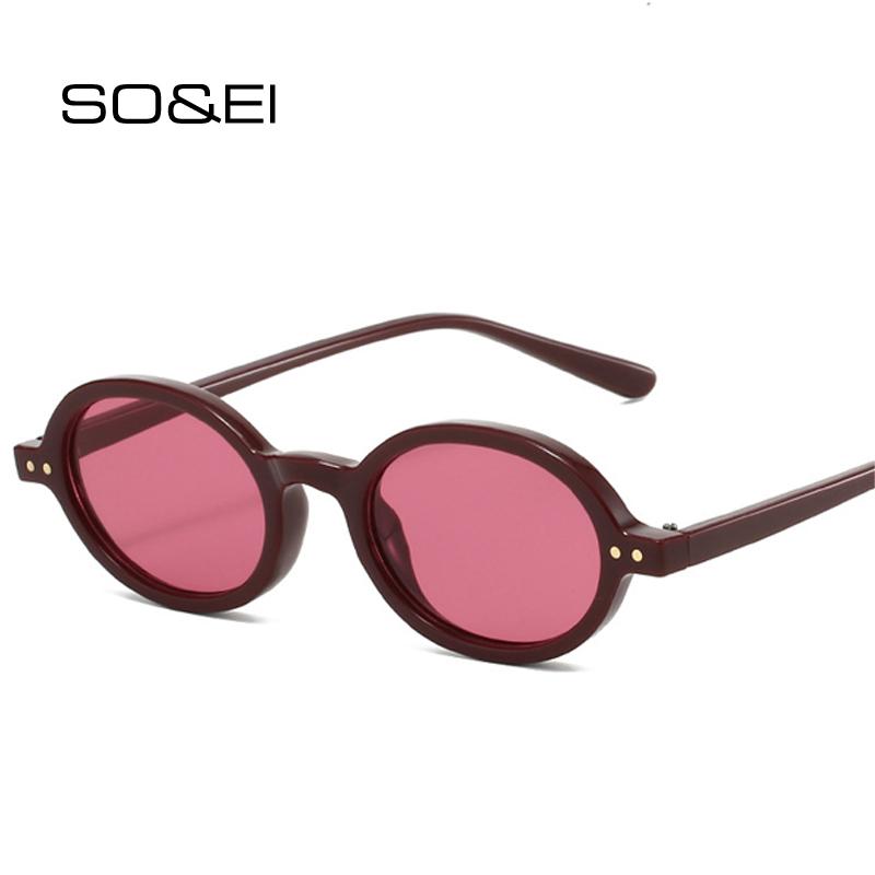 SO&EI Fashion Small Oval Sunglasses Rivets Women Shades UV400 Vintage Punk Men Candy Color Sun Glasses