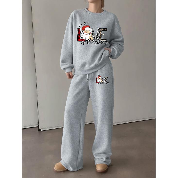 Women's Crewneck Sweatshirt & Drawstring Straight-Leg Pants Set, Christmas Print Loungewear, Loose Comfortable Holiday Casual 2-Piece Outfit