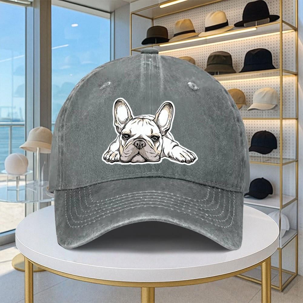 French Bulldog Design Baseball Cap Washed Denim Adjustable Casual Hat Unisex Streetwear