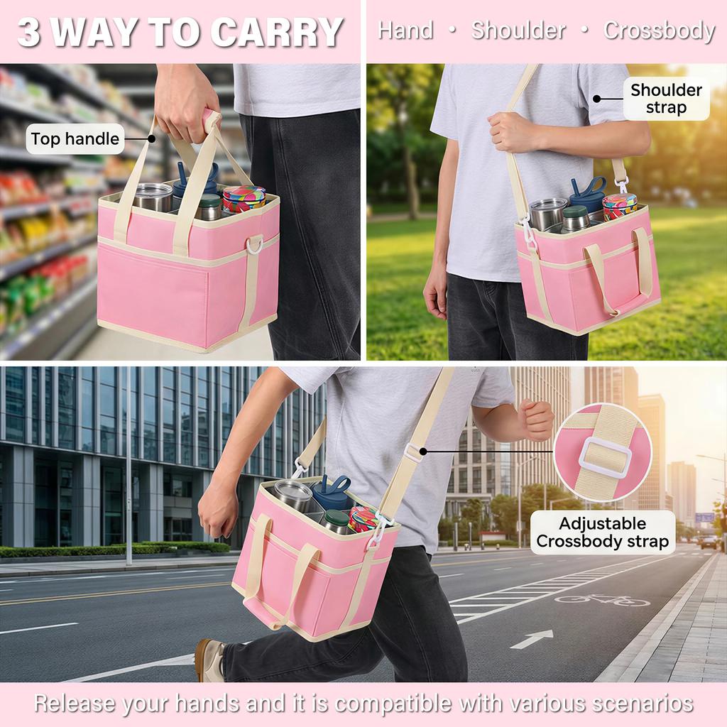 4 Cup Insulated Bag 600D Oxford Cloth Beverage Tote Bag with Front Pocket & Detachable Shoulder Strap Water Bottle Mug Tote Bag