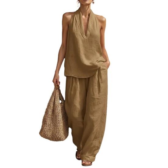 Completo in Cotone e Lino da Donna a 2 Pezzi con Top Canotta Senza Maniche con Scollo all'Americana e Pantaloni a Gamba Larga Set da Relax Abbigliamento Casual per le Vacanze