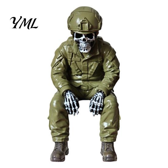Resin Skeleton Figurines Halloween Ornament, Policeman/Military Gothic Skull Figurine, Ornaments Dark Style Sitting Pose Sculpture for Bookshelf