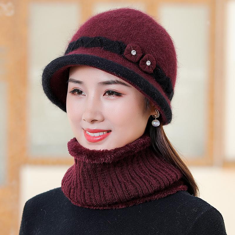 New Women Winter Hat Thick Warm Knitted Hat Scarf Gloves 2Pcs Set Fashion Hats Middle-Aged Mother Flowers Rabbit Fur Bucket Hat