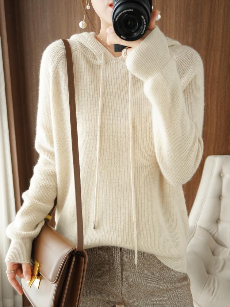 Women's Lace-up Knit Hoodie: Spring/Autumn Long Sleeve Loose Pullover Sweatshirt