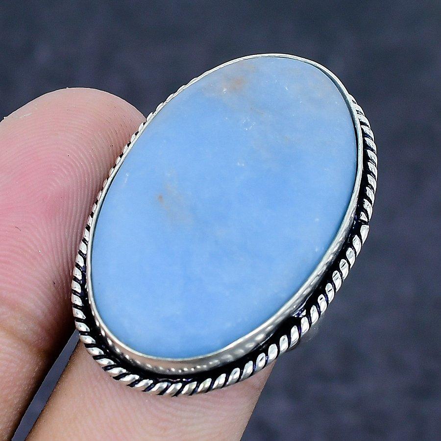 Natural Angelite Stone Gemstone 925 Sterling Silver Jewelry Ring Size 8 j9S38