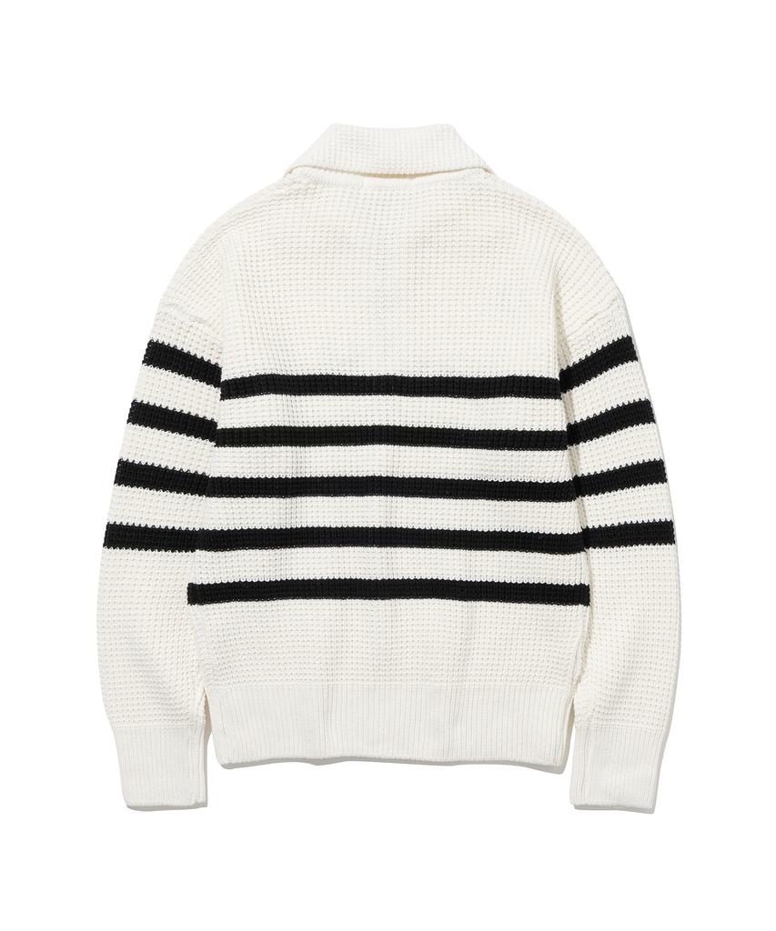 KNITTED Soft Cotton Heavy Waffle Half Zip Knit Stripe Ivory