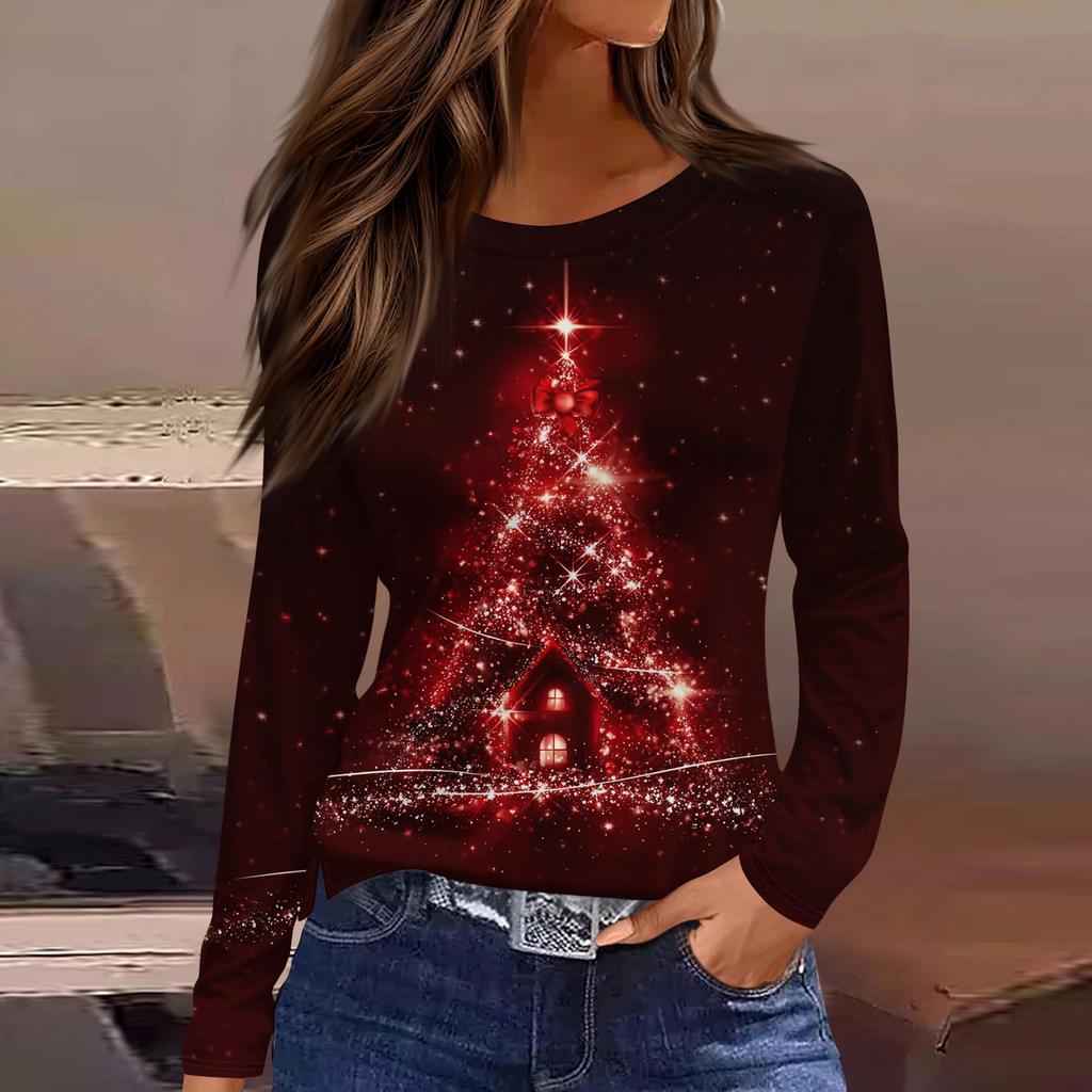 Women's Fashion Casual Slit Hem Round Neck Long Sleeve Loose Christmas Printed T-Shirt Ladies Top