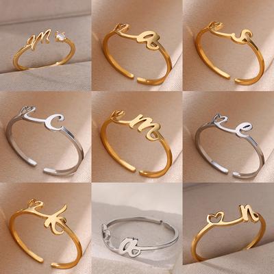 Anillos pequeños con iniciales para mujer, color oro, acero inoxidable, corazón hueco, anillo con inicial AZ, joyería para bodas y Navidad.