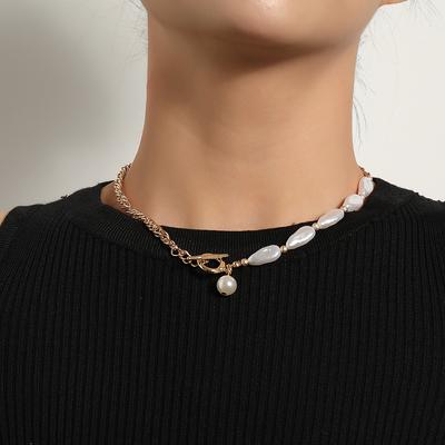 Europe, America, Fashionable and Simple OT Buckle Water Drop Pearl Necklace Women, Retro Versatile Short Sweater Necklace