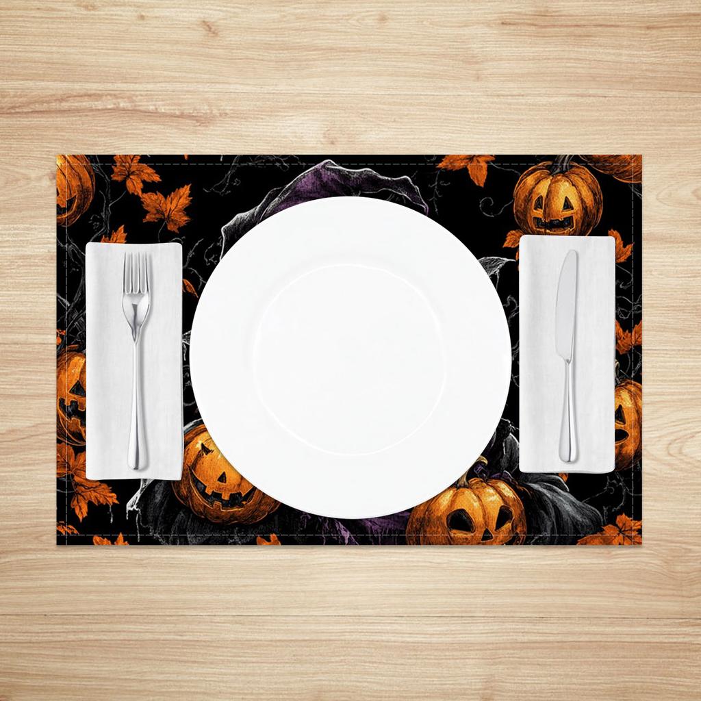 Halloween Placemats Dining Table Spooky Pumpkin Bat Moon Themed Table Mats Party Decor Trick or Treat Dinner Durable Washable