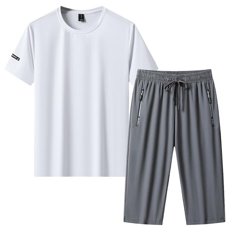 Large Size Sports Suit Men's Short Sleeved Two-piece Set Men's Running and Fitness Clothes Summer Loose Thin Ice Silk Sportswear