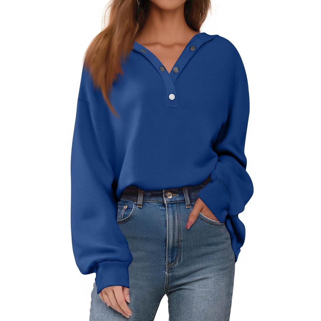 Dameknapp Ensfarvet Pullover Topper Casual Langermet Sweatshirts