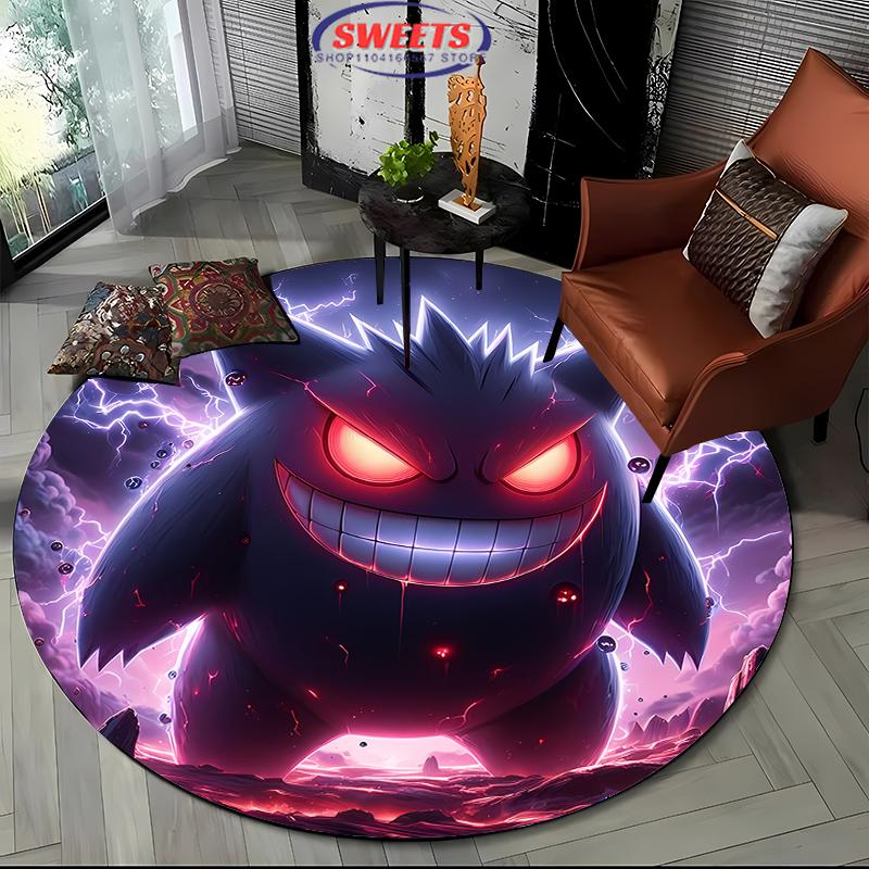 Pokemon Gengar Druck Runder Teppich, Kinderzimmer Bodenmatte Rutschfest Wohnzimmerteppich, Waschbarer Teppich für Heimdeko Geschenk Potdemiel