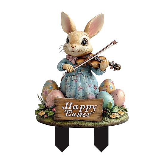 Easter Bunny Garden Stake, Rabbit Playing The Violin Yard Art Stake, Happy Easter Outdoor Decoration for Festive Lawn Flower Bed Decor B