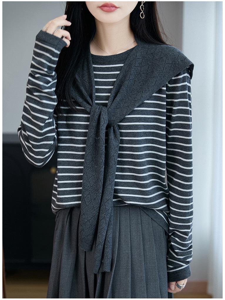 2025 Early Autumn Loose Striped Long Sleeve Wool Knitwear: Stylish Versatile Shawl