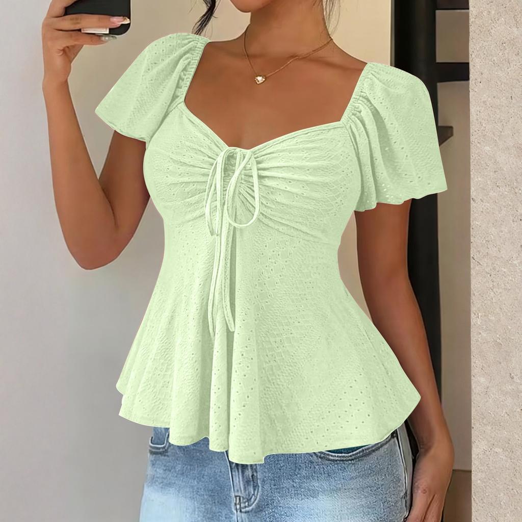 Damska Koszulka Top z Dekoltem V, Sznurkiem do Wiązania, Seksowna, Krótki Rękaw