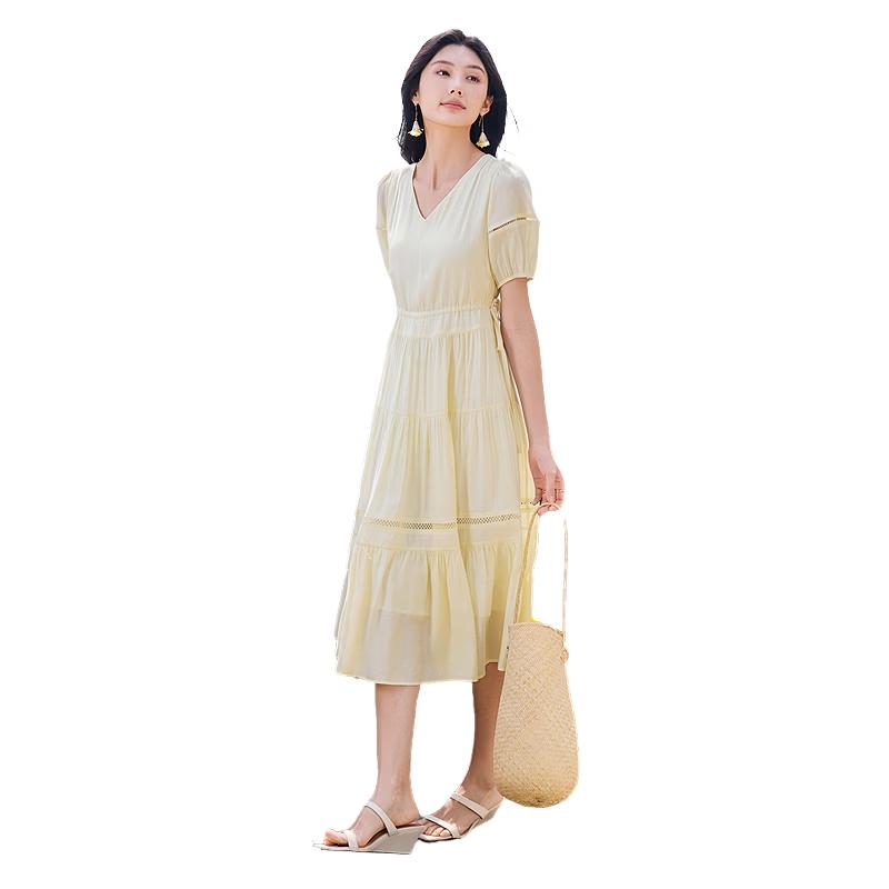 

Xiangying Women s V-Neck Pleated Puff Sleeve Dress S