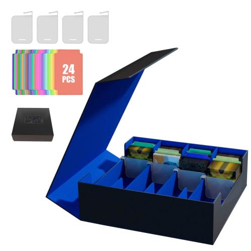 HCSH&WILL Deck Case, Trading Card Case, PU Leather, Holds 3000+ Trading Cards, Large Capacity, 4 Compartments, 24 Divider Labels (Black with Blue Inte