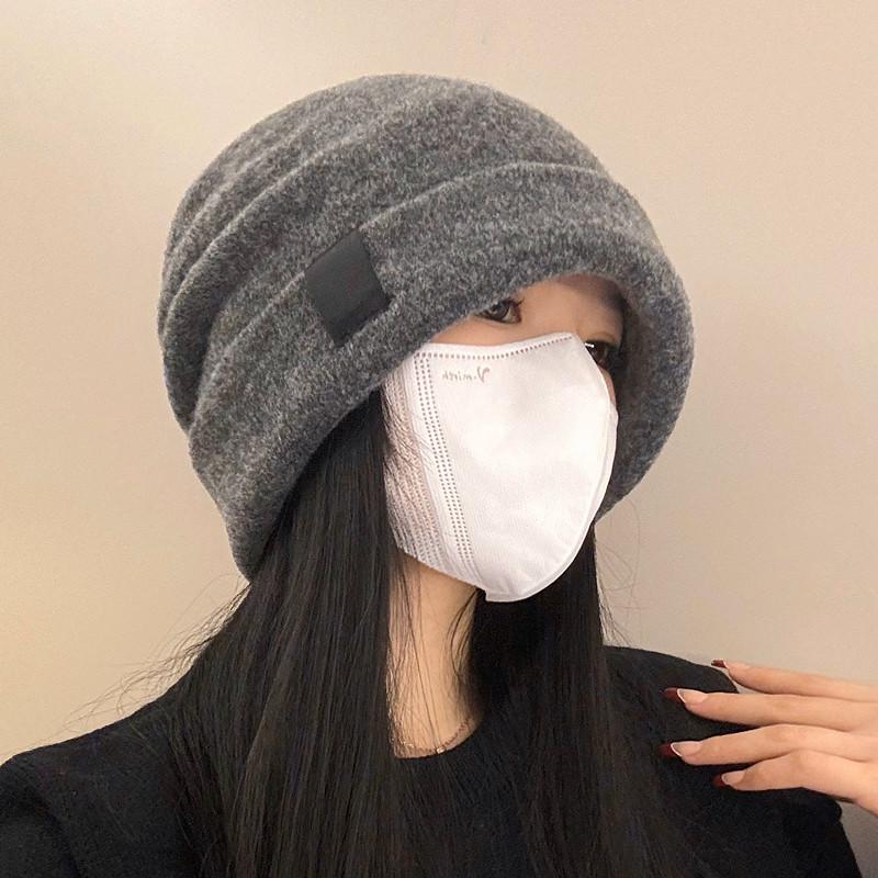Knitted pile cold hat women's autumn and winter wool blended bald hat warm ear protection versatile face small hat advanced sense
