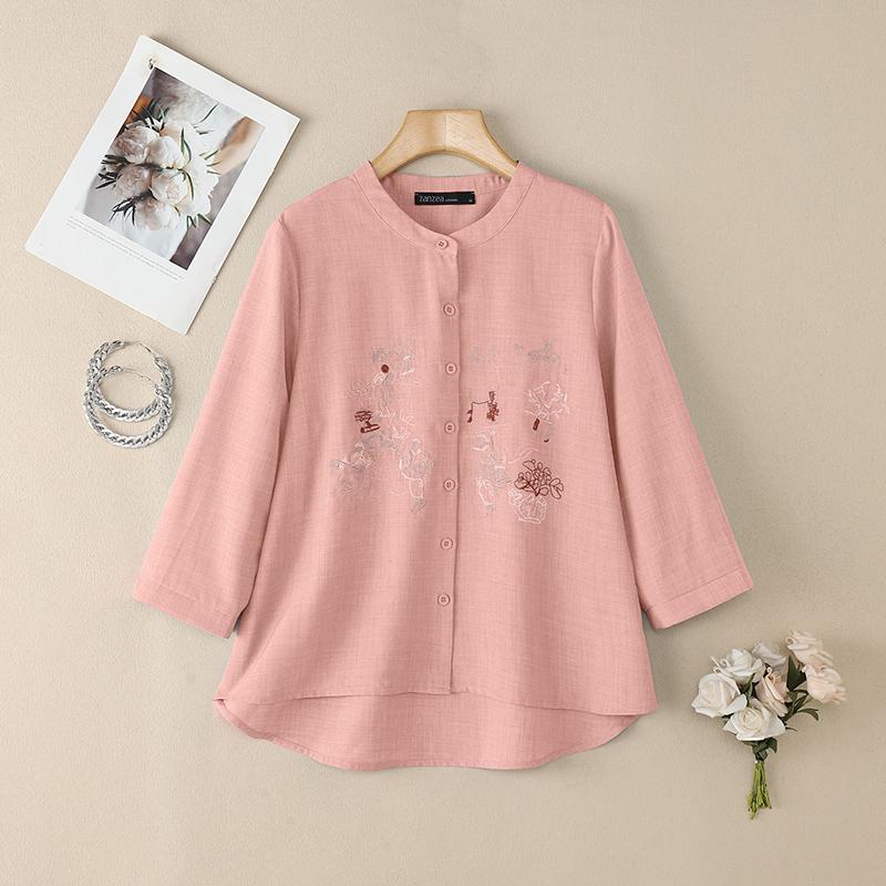 ZANZEA Women Embroidery Print Casual Round Neck Long Sleeve Blouse