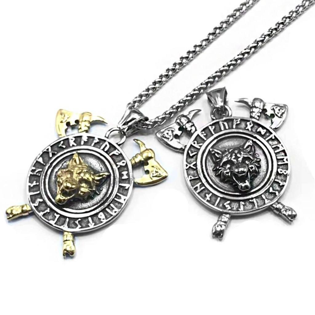 Mix Gold Color Thor's Hammer Wolf Necklaces Retro Norse Odin's Wolf Head Amulet Pendant Men Viking Runes Jewelry