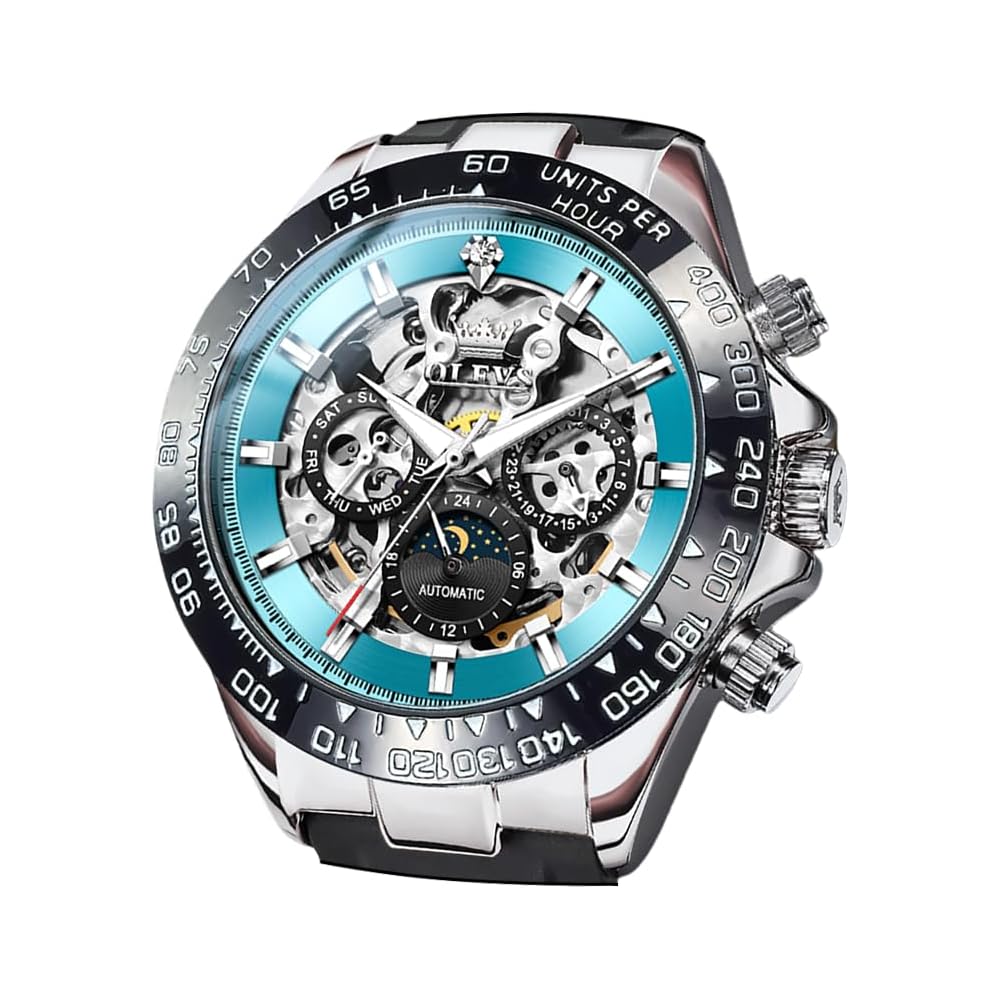 OLEVS Men s Automatic Skeleton Watch Blue Waterproof Date Luminous Fashion Business Timepiece
