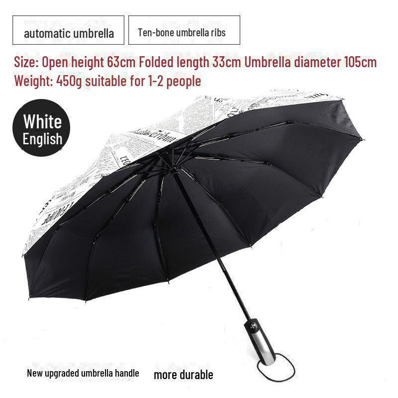 Pánský retro černý skládací slunečník – Unisex, vzor novin.