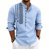 Men’s Long Sleeve Henley Shirt with Ethnic Embroidery Pattern Casual Loose Fit Button Front Design