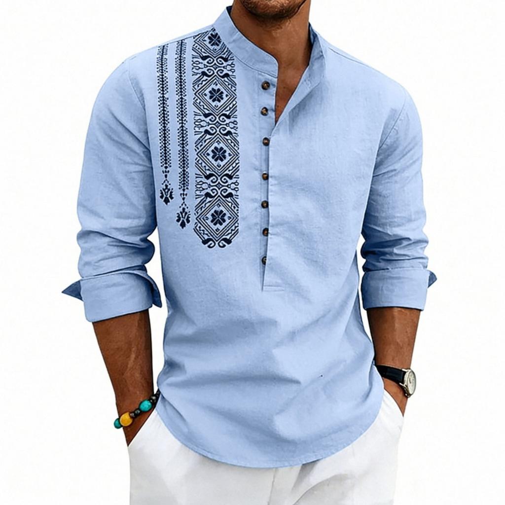 Men’s Long Sleeve Henley Shirt with Ethnic Embroidery Pattern Casual Loose Fit Button Front Design