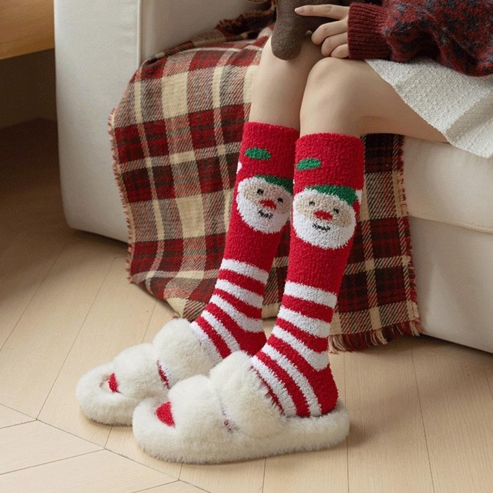 Snowflake Elk XmasTree Christmas Stocking Coral Fleece Thicken Floor Socks Fluffy Socks  For Women