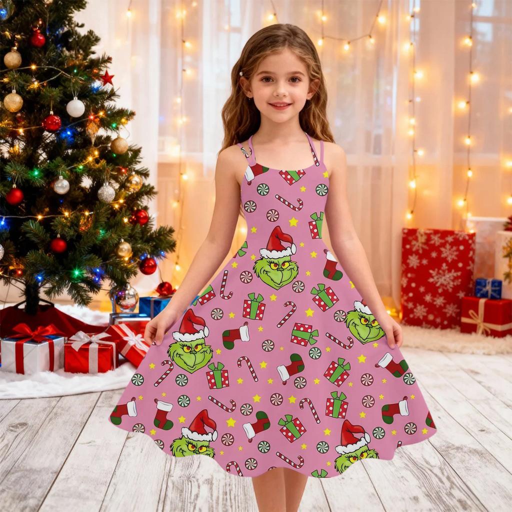 Children's Fashion Casual Christmas Print Off-Shoulder Punk Vintage Dress