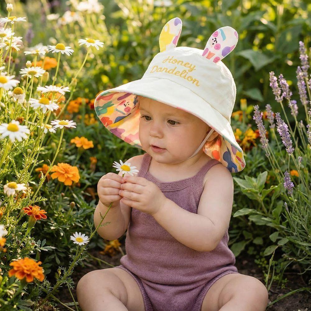 Cotton Children Rabbit Ears Sun Hat Adjustable Wide Brim Hat Kids Empty Top Sunscreen Hat  Running