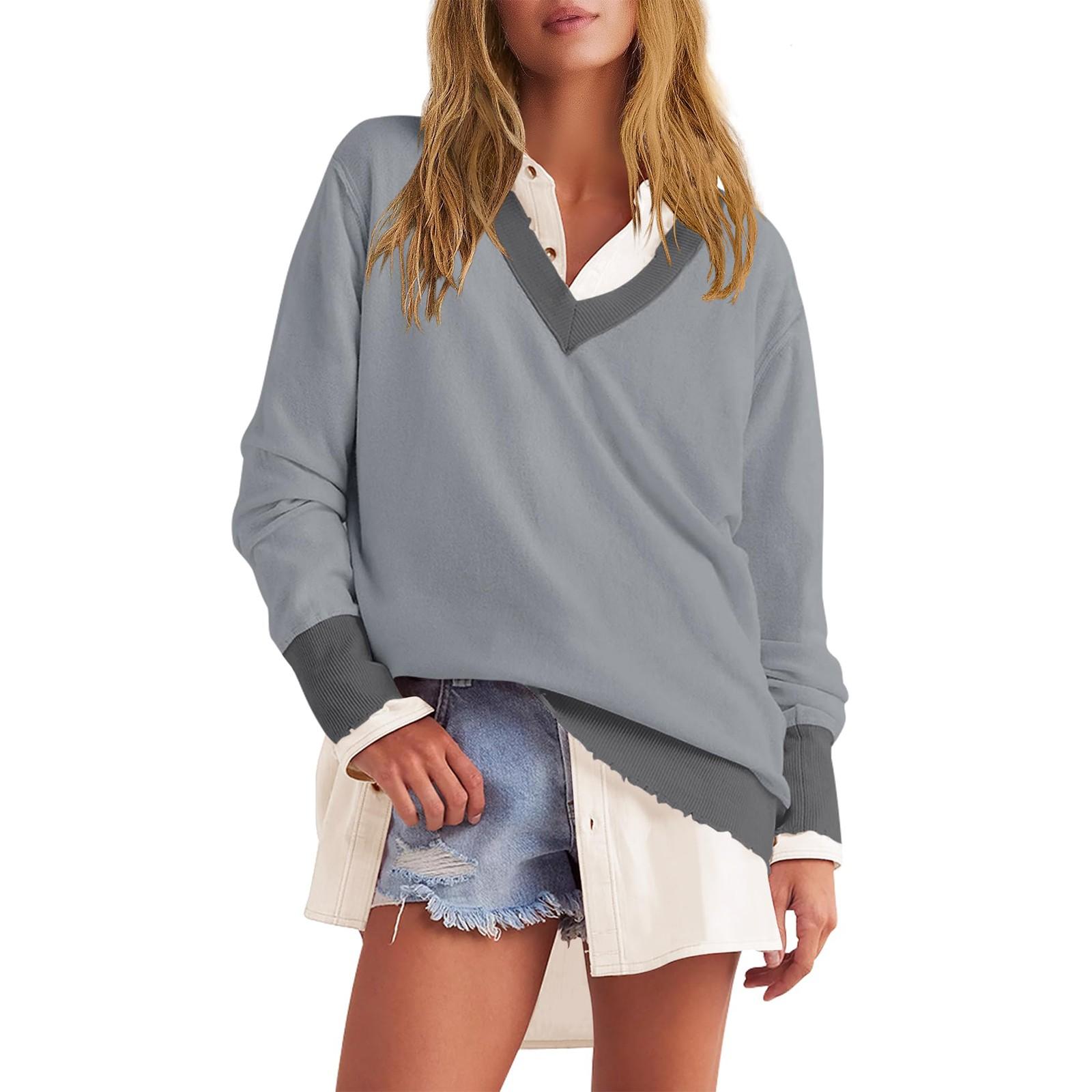 

Женская толстовка с длинным рукавом и цветными блоками, свободный крой, топы с V-образным вырезом, повседневный осенний пуловер S