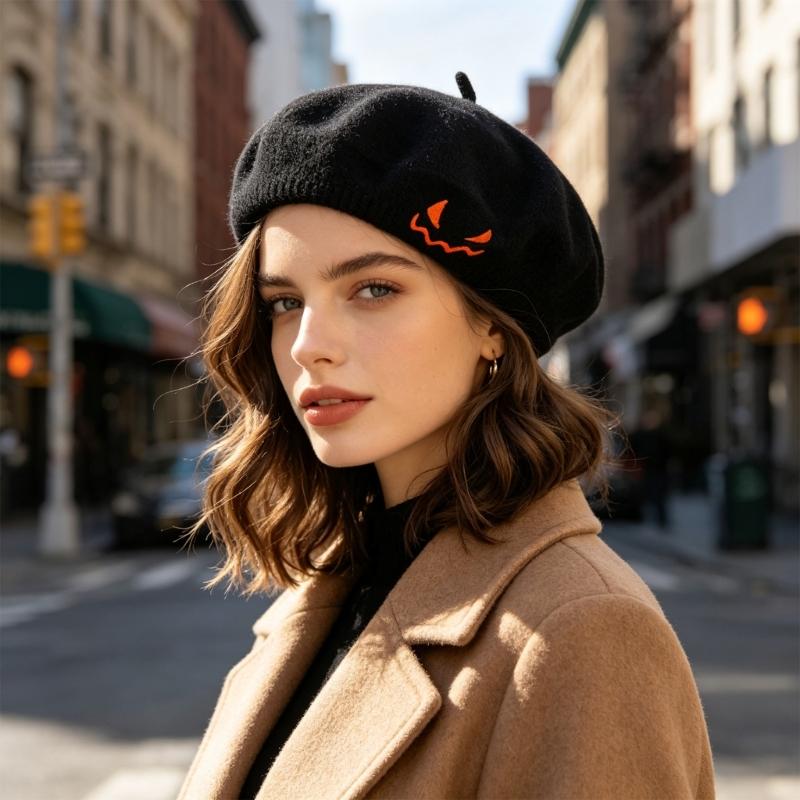 Embroidered Halloween Beret for Adults and Teens, Soft Fabric Hat for Party Dressing, Photos, and Fall Wear Style