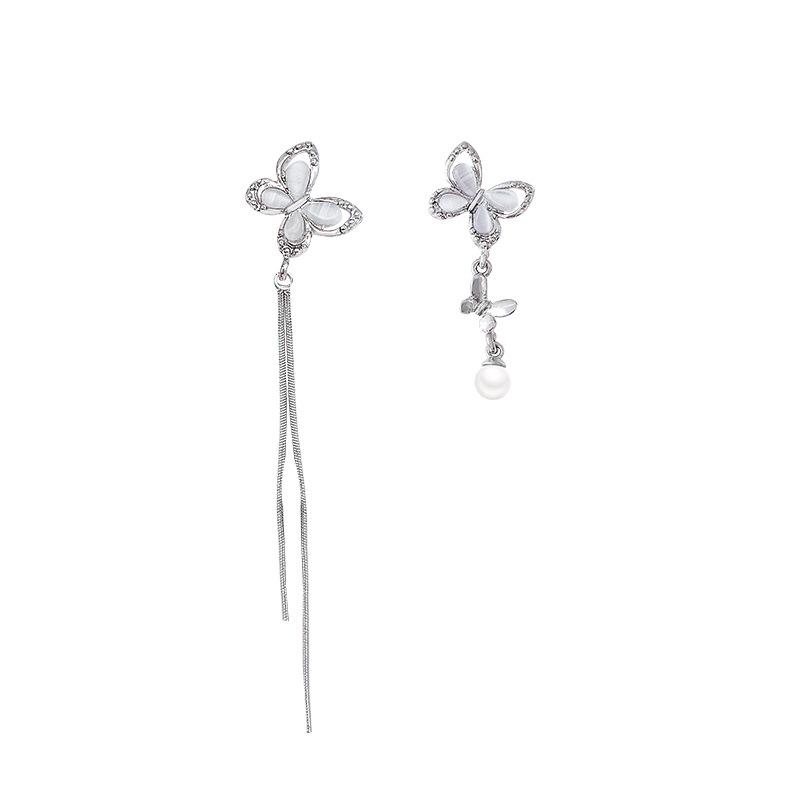 Opal Butterfly Fringed Earrings Femininity Long Pearl Stud Earrings