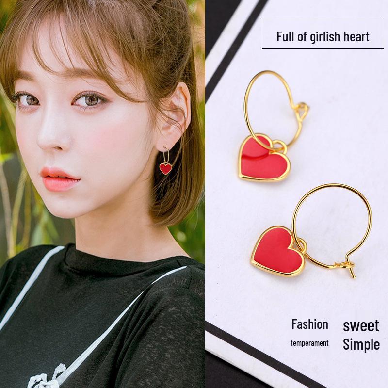 Korean-Style Retro Heart Earrings - Simple Red Ear Studs & Sweet Hoop Pendants for Women