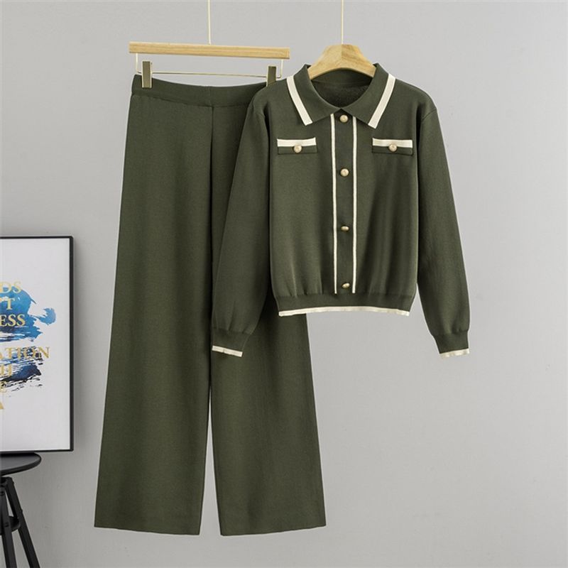 

Western Style Casual Loose Knit cardigan Top Trousers Set Knitted Top and Pants Set Green All yards